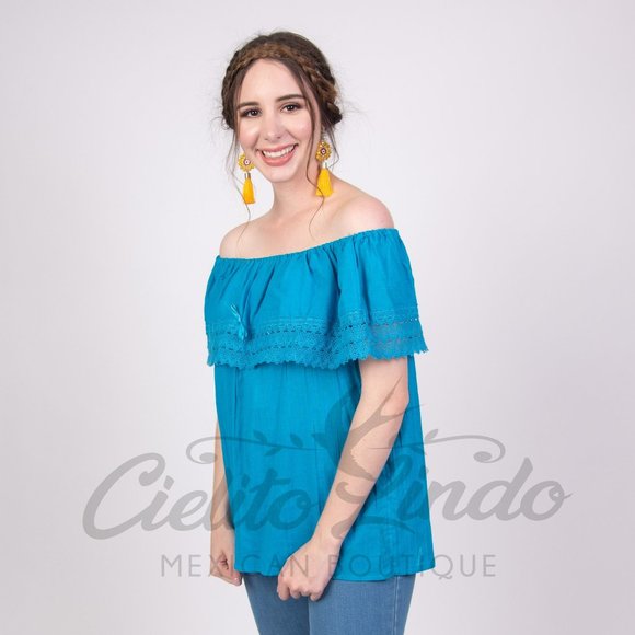 Mexican Off The Shoulder Blouse Solid Turquoise - Picture 5 of 6
